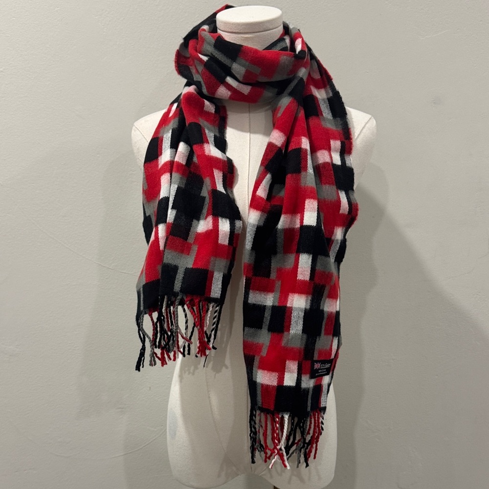 100% Cashmere Scarf – Made in Scotland, Red & Black Geometric Check (68” x 12”)